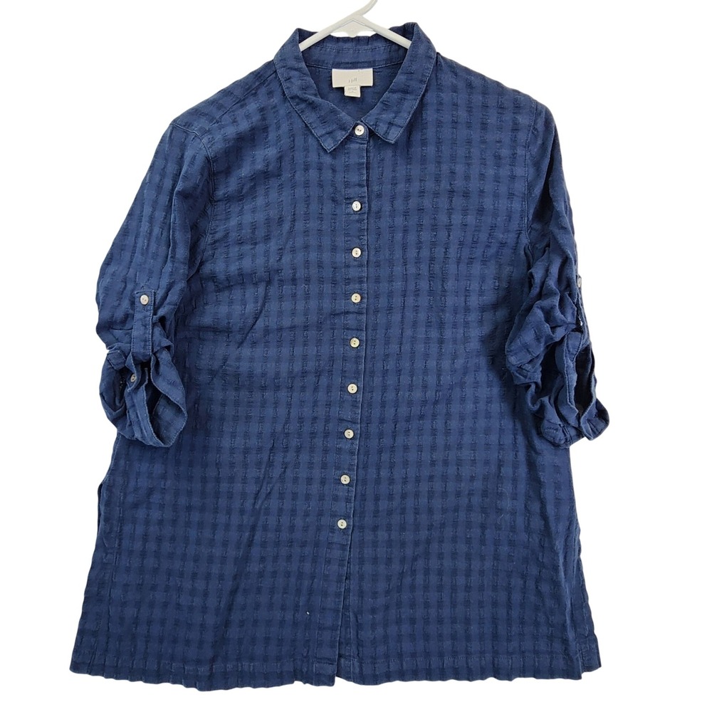 J. Jill Blue Textured Gingham Roll Tab Button Down Shirt Petite M Coastal Summer